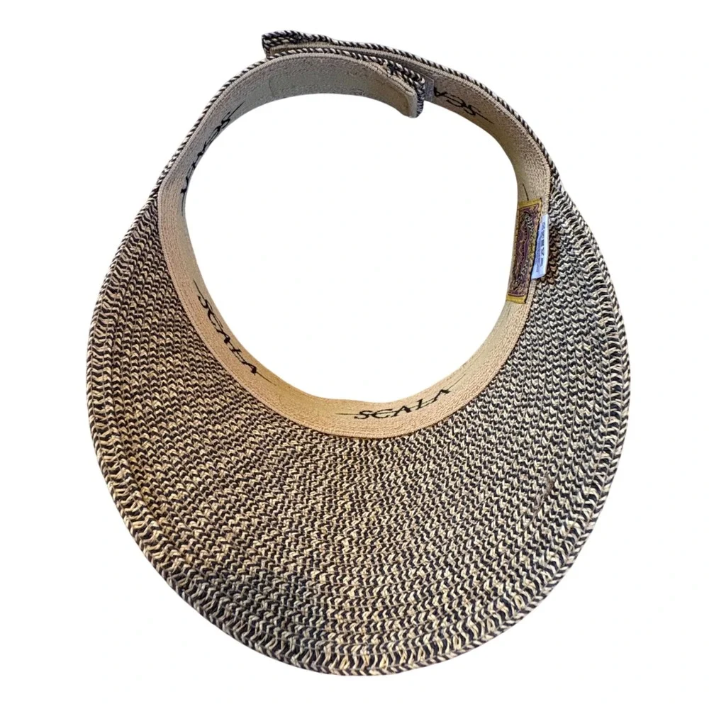 Scala Collezione Women Tan Black‎ Braided Straw Sun Visor Adjustable One Size